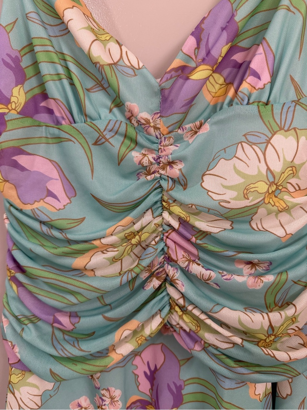Self Contrast Floral Ruched Keyhole Mini Dress in Aqua SZ S NWT - Picture 3 of 5